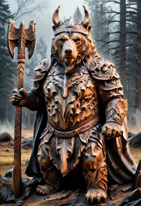 (masterpiece), (best quality), ultra-detailed, photorealistic, rugged grizzly bear, powerful build, covered in battle scars, wearing detailed Viking armor, fur cloak, horned helmet, war axe on back, tribal war paint, cold misty battlefield, cinematic lighting, norse mythology theme, epic fantasy art, ambient fog, intense expression, dramatic backlight