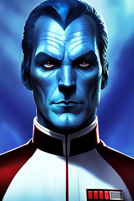 photo of thrawn, an alien, wearing a star wars imperial uniform, (blue skin:1.5), (red eyes:1.3), (colored skin,:1.1), detailed face