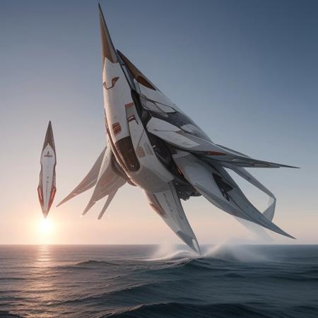 side view, Flying right above the ocean’s surface with a (((spume spindrift of water))) a pilot flying a (((futuristic spaceship))) with the aerodynamic (((chassis in the shape of a plaice))), (((surrounded by a force shield))), intricate technical details, ethereal glow, against a backdrop of white cliffs during sunset, color photograph