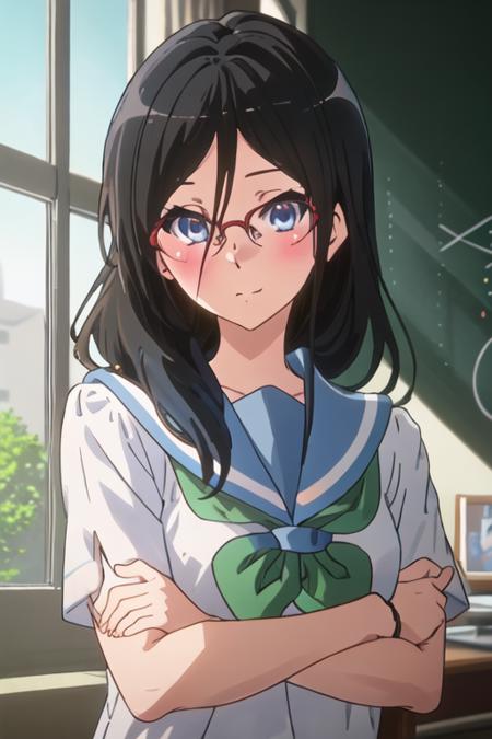 best quality, masterpiece, highres, solo, {tanaka_asuka_soundeuphonium:1.15}, black_hair, long_hair, glasses, blue_eyes, blush, red-framed_eyewear, serafuku, over-rim_eyewear, semi-rimless_eyewear, closed_mouth, hair_between_eyes, 1girl, green_neckerchief, kitauji_high_school_uniform, neckerchief, sailor_collar, school_uniform, shirt, white_shirt, blue_sailor_collar, looking_at_viewer, indoors, bangs