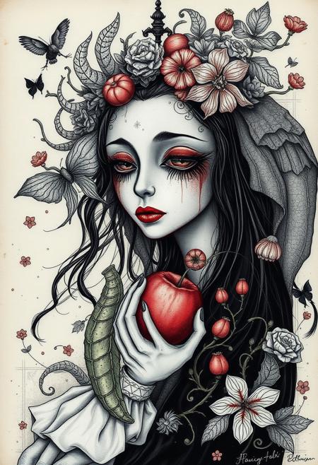 Are the Fruits of the Two seasons, mystical surrealism, intricate linework, bold contrasts, dreamlike storytelling, spiritual symbolism, delicate yet powerful, monochrome and vibrant palettes, fine details, expressive figures, whimsical gothic, contemporary folk art, mythical creatures, emotionally charged composition, ethereal atmospheres, narrative depth