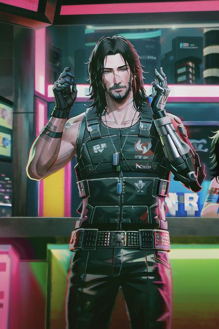 medium shot of johny_silverhand, ((hands up)), [[keanu reeves]], mechanical parts, dramatic, messy hair, cyberpunk pub, artstation, 8k, deep focus
<lora:johny_silverhand-000011_v2:0.9>