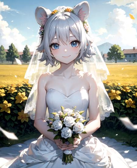 masterpiece, best quality, <lora:Click768V2:0.7>, 1girl, clicklora, mouse ears, grey hair, short hair, blue eyes, wedding dress, bridal veil, smile, upper body, looking at viewer, sky, field, flowers