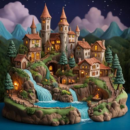 (novuschroma51 styleA breathtaking magical world where everything is sculpted from smooth,) colorful clay. Rolling hills, towering castles, and enchanted forests are crafted with soft, rounded details, giving a handcrafted and playful charm. Tiny clay villages with whimsical houses, glowing lanterns, and cobblestone streets stretch across the landscape. In the center, a majestic clay waterfall flows like liquid magic, glowing faintly with an ethereal shimmer. The sky is painted in soft pastel hues, with floating clay islands drifting gently above. Throughout the scene, charming clay figurine characters—knights, wizards, fairies, and mythical creatures—move as if alive, their expressions full of warmth and wonder. The lighting is soft and enchanting, casting gentle shadows that enhance the handcrafted textures. The entire world feels like a living fairytale, bursting with imagination and magic.