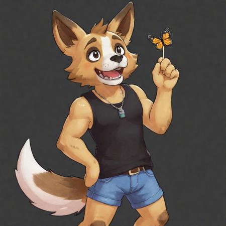 solo, short hair, open mouth, shirt, 1boy, animal crossing style, animal crossing  background, animal ears, tail, full body, male focus, sleeveless, black tank tip, blue jeans, holding a butterfly net, spread legs, uncensored, dog ears, bara, furry, dog tail, furry male, brown fur, dog boy