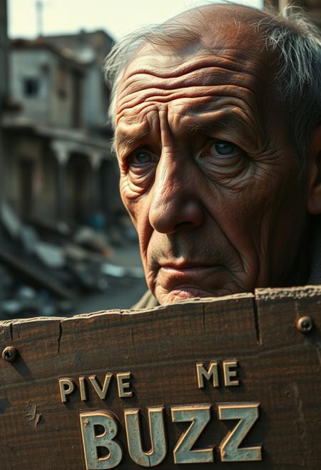 “A middle-aged man with deeply wrinkled, weathered skin is captured in a close-up using a 50mm Panavision Prime lens, revealing every intricate detail of his face. Dramatic lighting casts heavy shadows, highlighting the sorrow and exhaustion etched into his features. His eyes, full of suffering, speak to years of hardship. In the background, softly blurred, a decaying slum looms with crumbling walls and debris. At the lower part of the image, a cracked wooden panel with rusted nails holds bold, capital letters carved into the wood, reading ‘PLEASE GIVE ME BUZZ.’ The text, in a pastel color, blends with the wood grain, intensifying the gritty, distressed atmosphere, adding an ironic contrast to the somber mood.”