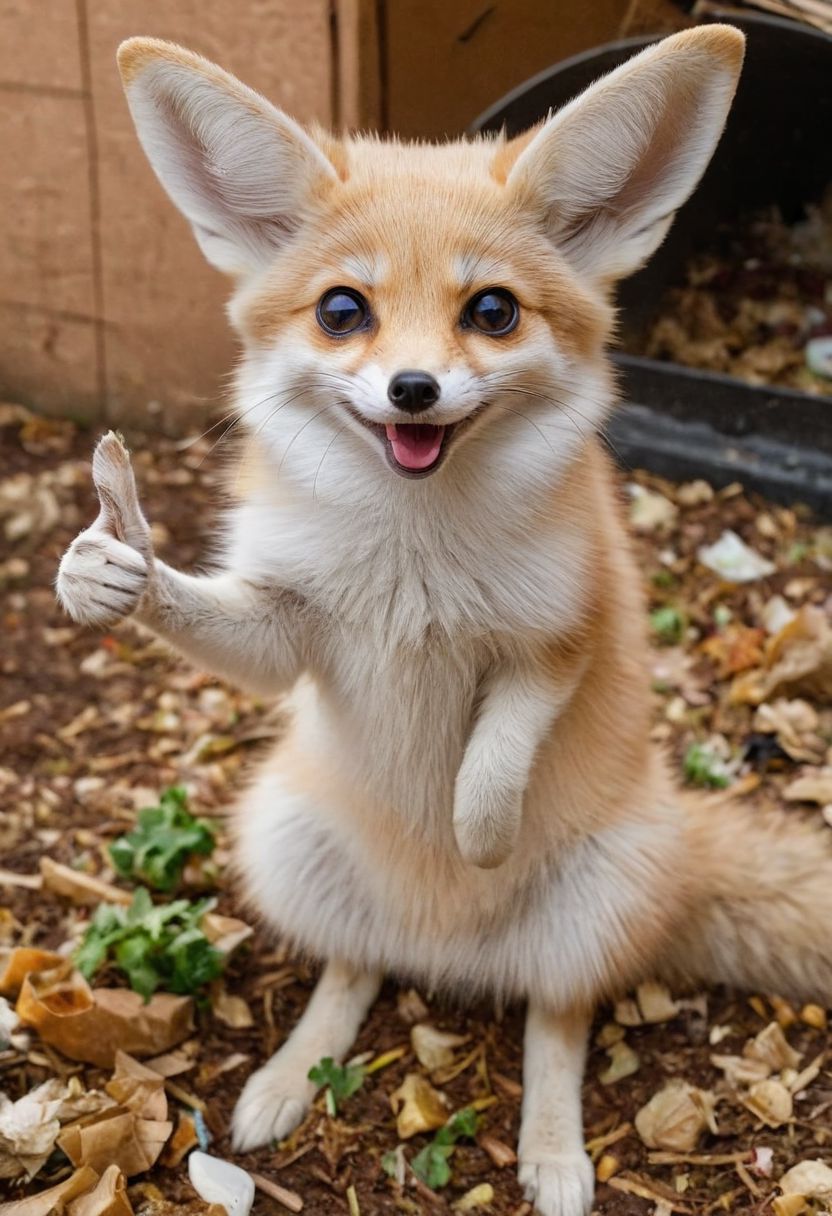 Closeup, thumb-up, a cute fluffy fennec in the middle of a hoarder's front garden full of garbage and food scraps, the fennec in the middle of the garbage is happy and laughs into the camera, thumb up pose,
very detailed, hd, RAW photograph, masterpiece, top quality, best quality, official art,highest detailed, atmospheric lighting, cinematic composition, complex multiple subjects, 4k HDR, vibrant, highly detailed, Leica Q2 with Summilux 35mm f/1.2 ASPH, Ultra High Resolution, wallpaper, 8K, Rich texture details, hyper detailed, detailed eyes, detailed background, dramatic angle, epic composition, high quality , (8k, RAW photo, highest quality), hyperrealistic,