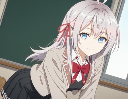 alisa mikhailovna kujou, long hair, bangs, blue eyes, hair ribbon, ahoge, grey hair, red ribbon, large breasts, skirt, shirt, long sleeves, bow, school uniform, jacket, white shirt, pleated skirt, collared shirt, bowtie, black skirt, red bow, red bowtie, blazer, grey blazer, long sleeves,