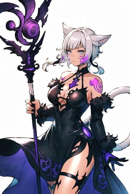 kuroimori, 1girl, animal ears, black dress, blind, breasts, cat ears, cat girl, cat tail, dress, facial mark, feather hair ornament, feathers, fur trim, grey eyes, hair ornament, long sleeves, medium breasts, miqo'te, neck tattoo, short hair, solo, staff, tail, tattoo, white hair, black mage, y'shtola rhul, ((masterpiece)) , ((pencil marks)) <lora:kuroimori_offset:1>