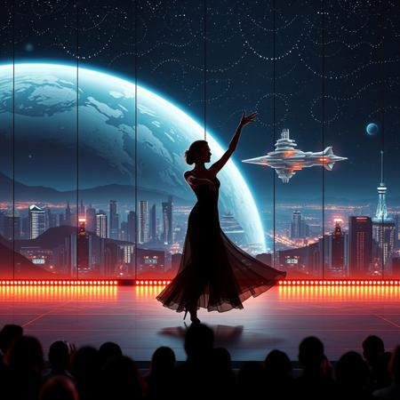 immaculately detailed realistic ultra quality image of a beautiful elegant female dancer is dancing on a futuristic stage micro-LED lighted, behind the dancer on the stage is an enormous seamless and futuristic wall to wall and floor to ceiling window that looks out at a the planet's surface covered with the lights of enormous buildings and cities, An enormous deco starship with futuristic lighting and an enormous space station are visible in the background among the stars, Artistic art deco, dynamic perspective, (((overall architectural aesthetic is Art Deco Cyberpunk))).  Epic image that elicits a feeling of romanticism, wonder, and awe, the silhouette of the audience can be seen in the foreground that show the enormous scale of the stage and seamless window behind it,