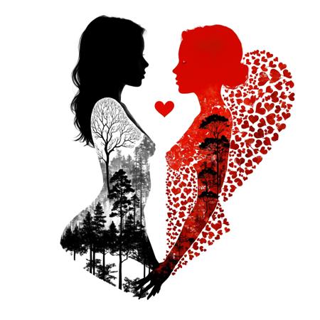 fox and the silhouette of girl double-exposure, (double exposure style:1.3), by Thiago Bianchini and Conrad Roset, lovely, intricately detailed, high contrast, artistic masterpiece, epic, hyperdetailed, heart shape, red and black and white
