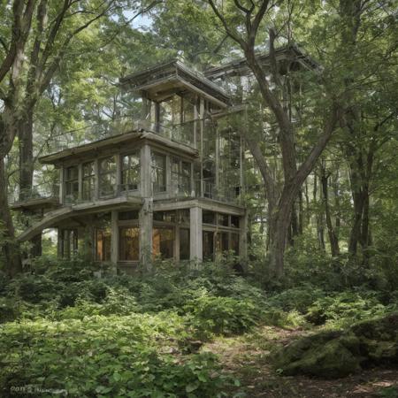 Eco-friendly public library nestled in a forest, blending modern green building technologies with classic Roman architecture. The structure utilizes living roofs, solar glass, and natural materials, framed by Corinthian columns and arches, (Soft Natural Light), clarity focus (f_stop 5.6), (focal_length 35mm) f/5.6, surrounded by ancient trees, slow shutter speed to capture the movement of leaves, front angle view, color graded for lush greens and earthy tones, captured on a (Sony A7R IV), showcasing harmony between knowledge preservation and nature conservation