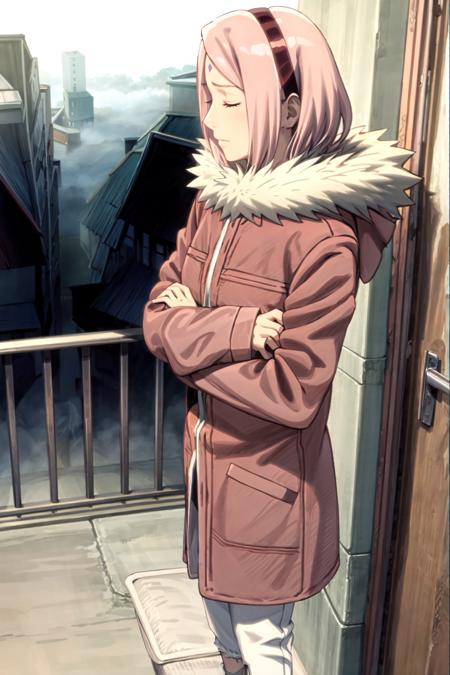 sakuraTheLast coat, woman, mature female, solo, short hair, green eyes, long sleeves, sandals, fur trim, coat, red hairband, forehead mark, capri pants, full body, badass, inexpressive, standing, crossed arms, leaning on a  door on a balcony, waiting, closed eyes, outdoors, grey sky, fog, snowing,   <lyco:BetterHands:1.0>, <lora:DetailLora:1>,     <lora:sakuraTheLastV7-000018:1>