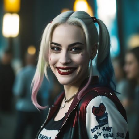 photo of ohwx woman as harley quinn smiling and laughing, in the movie Suicide Squad, dyed hair, highly detailed, cinematic look, city at night, cinematic,  <lora:LivTyler:1>