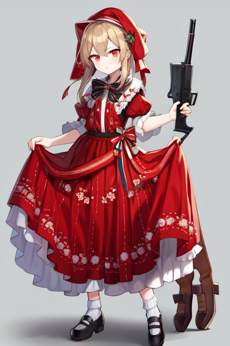 slavic dress, red eyes, holding weapon, gun, holding gun, bow, hair ribbon, skirt hold, red headwear, shoes, socks