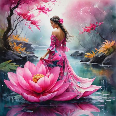 An intricate artwork of a female figure adorned with a large, vibrant pink flower. The figure wears a dress that seamlessly blends with the natural elements, with swirling patterns resembling leaves and water. The background is a soft, watercolor-like hue, with subtle splatters and bubbles, adding to the ethereal ambiance. The entire composition exudes a sense of harmony between nature and humanity., dark fantasy, vibrant, painting, photo