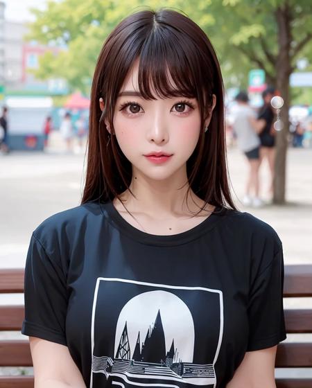 pureerosface_v1:0.3, best quality, photorealistic, 8k, high res, full color, 1girl, woman, 20 years old woman, (closed mouth:1.43), (skindentation), (portrait:0.6), trees, park bench, daylight, ((park background:1.52)), full color, ((rockbandtshirt:1.68)), looking at viewer:1.8, (1girl eyes looking at viewer:1.55), (long hair, brownhair, partedbangs:1.45), (bokeh), <lora:AAG-naomi:0.65>