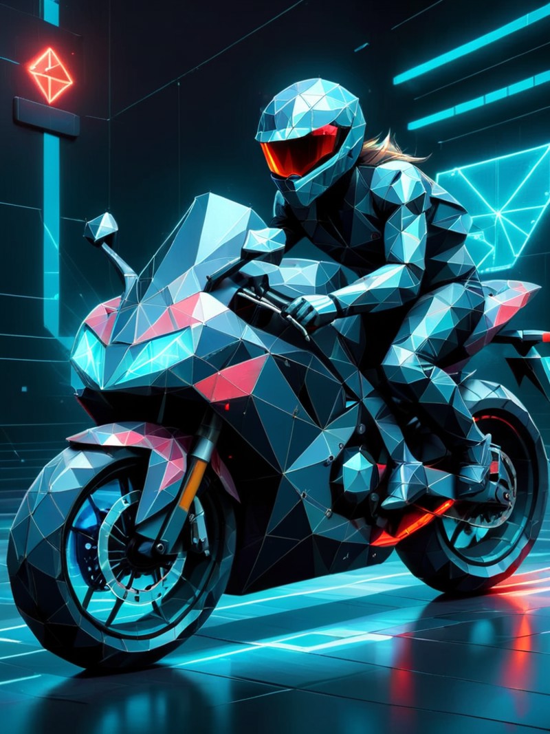 tron motorbike with neon taillight with long exposure photography made of ral-polygon <lora:ral-polygon-sdxl:1> on the sur...