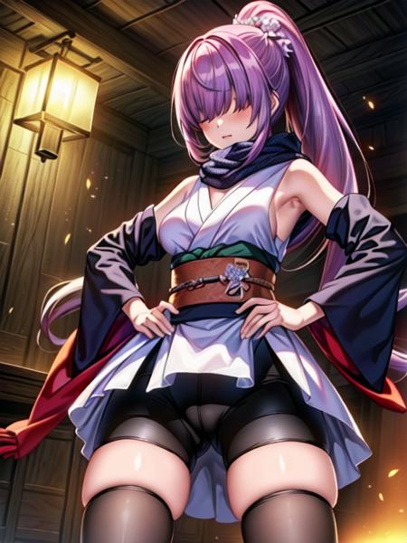 DM-Islay,ponytail, purple hair,hair over eyes,bangs,hair over face, Scarf,japanese clothes, sleeveless,white sleeves,  ,wide sleeves, spats,black legwear, zettai ryouiki, 