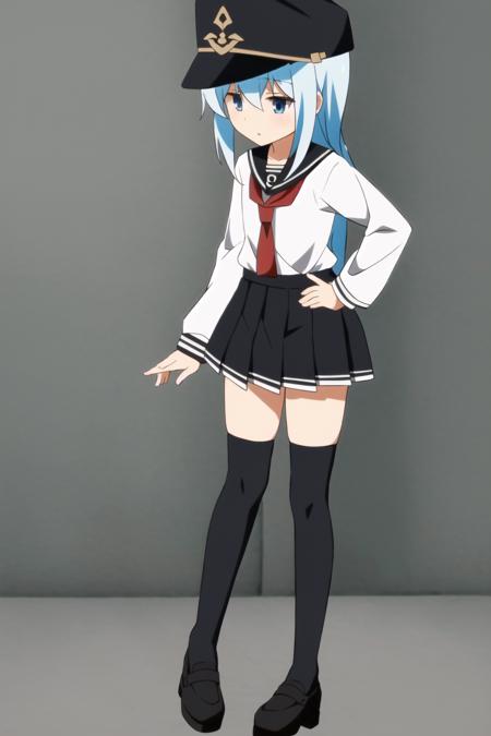 1girl, hibiki, white shirt, pleated skirt, (black thighhighs:1.4), fleet cap, blue hair, medium hair, blue eyes, (little girl:1.3), (small height:1.3), (at full size), (skinny:1.3)