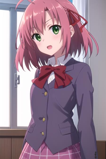 kurimusakurano, <lora:kurimu sakurano s2-lora-nochekaiser:1>,
kurimu sakurano, short hair, ribbon, (green eyes:1.3), hair ribbon, pink hair, ahoge, smile, open mouth,
BREAK skirt, school uniform, plaid, plaid skirt, shirt, white shirt, collared shirt, jacket, long sleeves,
BREAK indoors, classroom,
BREAK looking at viewer, (cowboy shot:1.5),
BREAK <lyco:GoodHands-beta2:1>, (masterpiece:1.2), best quality, high resolution, unity 8k wallpaper, (illustration:0.8), (beautiful detailed eyes:1.6), extremely detailed face, perfect lighting, extremely detailed CG, (perfect hands, perfect anatomy),