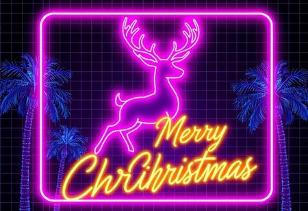 A retro-futuristic Christmas card frames a glowing neon reindeer outlined in bright pink and purple, evoking 80s nostalgia. Against a grid-patterned background, palm trees radiate soft blue neon light. The phrase 'Merry Christmas' bursts forth in vibrant yellow neon script, adding to the nostalgic charm of this futuristic holiday greeting.