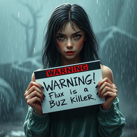 Realistic wet perfect girl holding paper "Warning! Flux is a Buzz killer" written