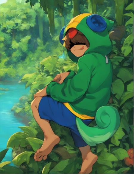 <lora:Leon:1> Leon, 1boy, solo, looking at viewer, brown hair, light smile, covered eyes, upper body, looking back, shorts, jungle,( hood:1.1), tail, hood up, tongue, long sleeves, river, hands in front of the body, hoodie, barefoot, blue shorts, score_9, score_8_up, score_7_up, score_6_up, score_5_up, score_4_up,