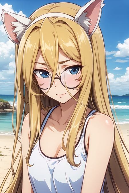 nekonyaa, blonde very long hair, (very long bangs:1.2), cat ears headband (white), (blue eyes:0.5), round glasses (opaque glasses:1.4, coke-bottle glasses), medium breasts