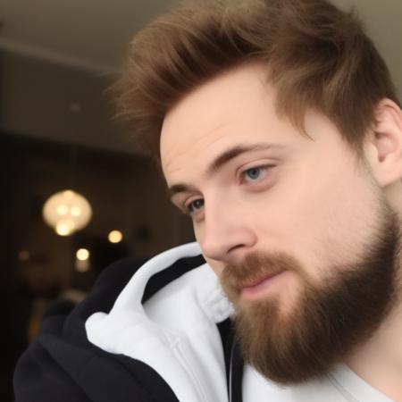 a photo of a man with a beard and black hoodie looking into the camera, masterpiece, bokeh, focused <lora:forsen:0.9>