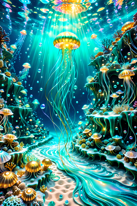 A surreal underwater realm where coral castles drip with glowing pearlescent syrup,jellyfish float like silk lanterns above a pearly sand floor,and luminous mermaids paint ocean currents with swirling trails of light and flowing pigments,magical realism,photoreal style,intricate lighting,
a jellyfish  made of l1qu1dp34rl,swimming in the ocean,psychedelic patterned,detailed and intricate pearlescent gold,underwater cavern,rocky outcrops,seaweed,spongebob,detailed and intricate patterns,harmonious palette,a magical and harmonious under water world,
pearlescent,flowing through bioluminescent coral reefs,iridescent bubbles rising in turquoise water,hyper-realistic translucency,pearlescent,
Masterpiece,best quality,hi res,8k,hi res,8k,award winning,(sharp focus, intricate, highly detailed),<lora:SDXLFaeTastic2400:0.4>,<lora:liquidpearlXL_r1:1>,<lora:TrendCraft_The_Peoples_Style_Detailer-v2.1A-3_12_2025-SDXL:0.8>