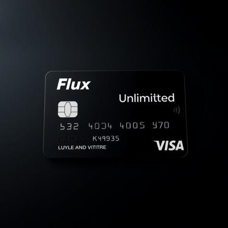 Black visa card with text "Flux Unlimited". Simple background,  dark background, cinematic view, no more text