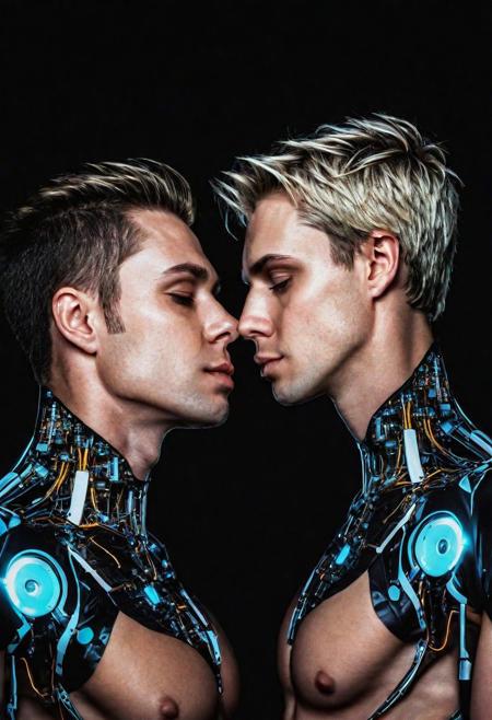 ( Ultradetailed desing T-Shirt square inside portrait woman and take only head Android man and kissing, Sci-Fi marc , 8k , tecnology detailed,chips, mechanism, beautiful neon colors , blonde and black hair, scuare desing:1.0)