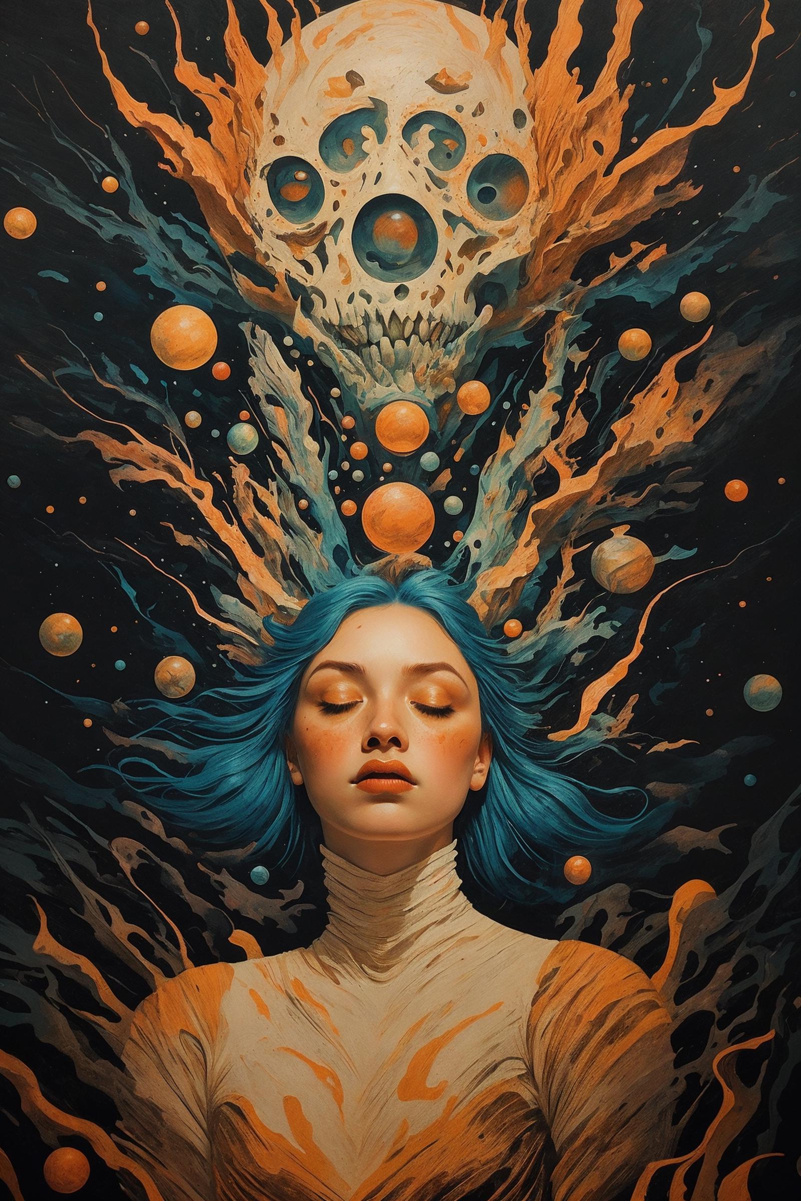 A painting of a woman with blue hair, surrounded by orange spheres and an orange background.