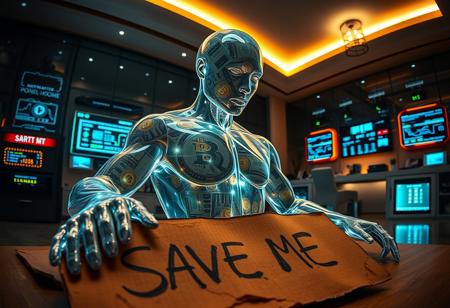 “Plastic Man morphing into a combination of dollars and bitcoins, blending human and financial features with intricate high-technology details. His body exhibits glossy, translucent plastic textures merging seamlessly with the crisp bills of currency and glowing bitcoin symbols, with digital codes flowing through the notes. Random, glowing, fancy spots illuminate the scene, resembling futuristic bio-luminescence. A rotten piece of cardboard lies in the foreground, damp and crumpled, with bold, messy handwriting that reads: ‘SAVE ME.’ The background shifts to a high-tech room in a domotical house, filled with smart home devices, sleek control panels, glowing LED lights, and walls covered in digital screens showing data and automated systems in action. The illumination source comes from an ambient, soft glow emitted by the walls, casting dynamic reflections and shadows throughout the room. Rendered with cinematic prime lens effects, using a fisheye 12mm perspective for dramatic distortion and dynamic depth, showcasing surrealism with stunning visual clarity.”