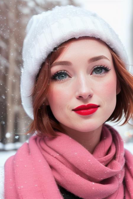 photo of a woman, elliek:0.99,((short hair):1.2), ((pale skin)), (closeup, portrait),((outdoors, city, snow):1.2),((red lipstick,heavy eyeliner, heavy eye shadow, blush):1.2), ((warm hat, scarf), ((best quality, masterpiece, extreme details, high resolution):1.2),((detailed eyes, beautiful eyes, detailed face, beautiful face):1.2), smiling