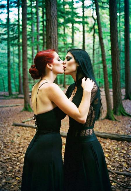priest goth 2girls, topless, kissing, dark mood, in the wood, big breast, backlight, shadows, kodak portra 400 analog film, medium format camera,artsy, wide angle, contact test, damaged print, faded, light leaks, grainy,blurry, pixelated, motion blur, vignette, high contrast,<lora:add-detail-xl:-1>