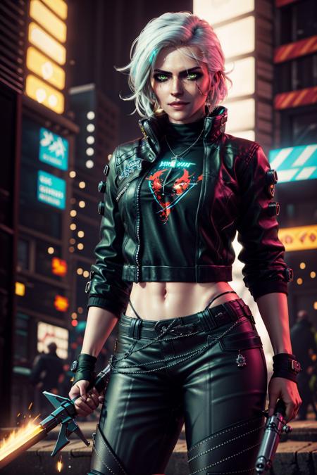 (masterpiece, best quality:1.2), <lora:ciri-18V2:0.7>, ciriW3_soul3142, 1girl, solo, short hair, green eyes, shirt, black shirt, jacket, black jacket, white hair, open clothes, belt, pants, sword, medallion, holding weapon, gun, glowing, chain, scar, asymmetrical hair, realistic, over shoulder, leather, undercut, leather jacket, cyberpunk, leather pants