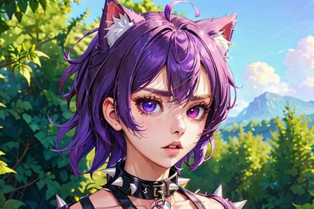 totless,1girl, outfit2, spiked collar , outdoor background, heterochromia, purple hair, shoes