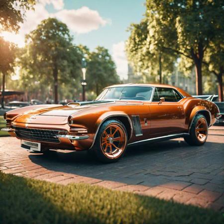muscle car standing in city park, 3D render, trends on cg society, retrofuturism, hyper-realistic photography], antique copper paint for cars, supercar, kodakchrome : : 8 k, anton fadeev 8 k, sports car, with big chrome pipes, classic cars, concept art 8 k, sports car, professional photography]