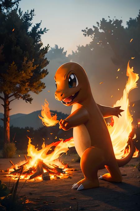 Charmander_Pokemon,flame-tipped tail, fangs, looking at viewer, smiling, 
outside, burning trees, gress, fire, intense ambiance, extreme detail, beautiful quality, hdr, masterpiece,  <lora:Charmander_Pokemon:.7>