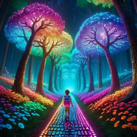 lazypos A child walking on a glowing rainbow path in a fantastical wonderland, the rainbow is infused with RGB keyboard lighting effects, keys subtly embedded along the arc glowing in shifting gradients of cyan, magenta, violet, and neon blue, the child gazes in awe, surrounded by an intricate dreamlike environment, surreal trees with glowing circuit-like bark, floating crystals reflecting RGB light, whimsical flowers pulsing with soft color changes like backlit keys, magical atmosphere, fantasy setting, cinematic composition, rich detail, glowing light accents, vibrant and soft color palette, hyper-realistic textures, gentle sparkles in the air, magical wonder, whimsical technology fusion, safe for work, high fantasy, RGB-inspired wonderland, imaginative, colorful, and enchanting mood