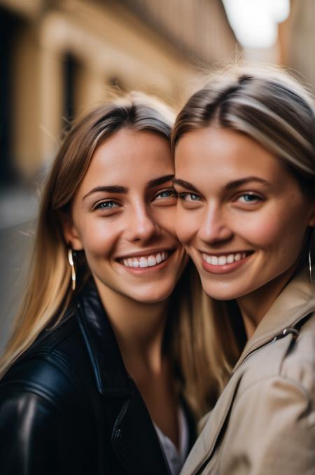 In an endearing close-up photograph, two close young european woman, with radiant smiles and sparkling eyes, stand cheek to cheek, looking directly at the viewer. The genuine bond between them is evident in their warm expressions. The background, beautifully blurred through a high depth of field, accentuates the focus on their heartfelt connection. Captured in a Photographic style with a 50mm prime lens, ensuring exquisite facial details and a natural perspective that brings out the authenticity of their friendship.