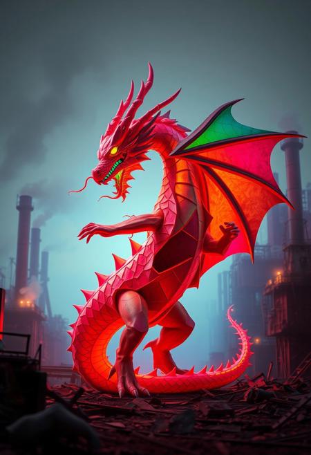 (low quality:-1.2), dragon, abandoned factory, recursive shapes, multichromatic colors, (disjointed anatomy:-1.3), (bad composition:-1.3), stark lighting, rigid structure, (overloaded multichromatic colors:1.6), (overly ornate:-1.5), saturated hues, diverse color palette, (smooth surfaces:-1.4), (soft lighting:-1.2), (noisy:-1.1), infinite geometry, minimalist design, intricate fractal structures, exaggerated features, psychedelic tones, (blurry:-1.2), sculptural appearance, vibrant, (polished:-1.3), (ugly:-1.3), intersecting planes, photorealism, minimal details, unsettling, (emphasis on sharp geometric form:1.6), fractured geometry, unrefined textures, neon glow, sharp and jagged geometric patterns, angular geometric forms, high resolution, primal aesthetic