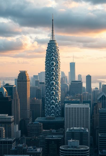 a city skyline, a huge building in the middle made up of eyeballs