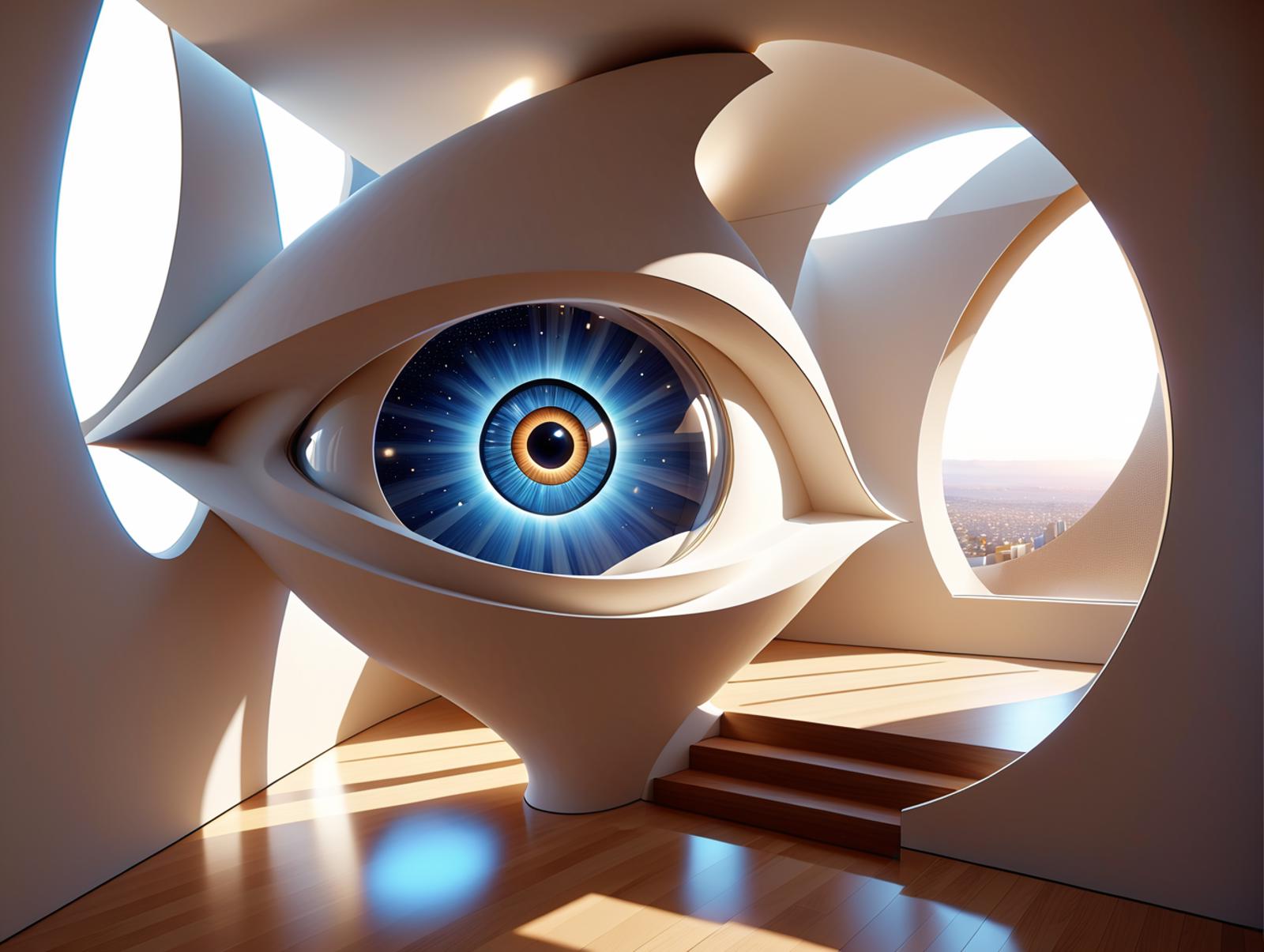 A futuristic room with a large blue eye and a city view.