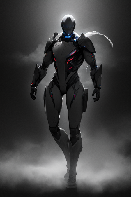 (masterpiece, best quality, high quality, absurdres), (1boy, man, robot, humanoid, symmetry, solo, highly detailed design, good body), (thick neck, broad shoulders), ((dark background:1.4, fog:1.4)), 
((japanese armor, shoulder armor)), (full body, from the front), <lora:ExcalV2:0.6>