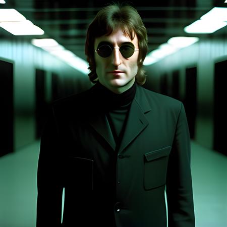 A photograph of John Lennon in 1970 as a member of Morpheus's crew in The Matrix, dressed from head to toe in black, sharp, imposing, and full of foreboding, taken with a Sigma 85 mm f/1.4