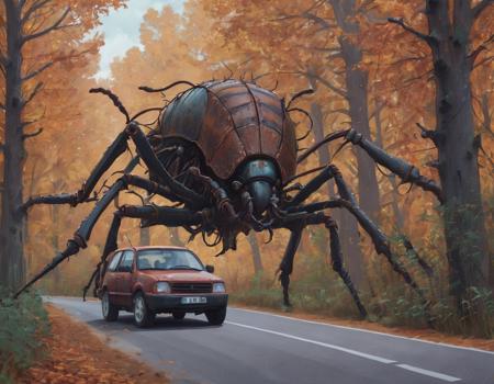 <lora:ssta:0.4>ssta, car, road, trees, leaves, giant rusty mechanical insects