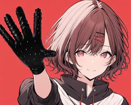 aap, 1girl, solo, upper body, black gloves, looking at viewer,  aap, 1boy, solo, upper body, black gloves, looking at viewer, simple background, red background,